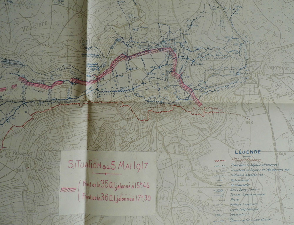 Positions tenues par la 36e DI le 5 mai 1917 en fin d'après-midi