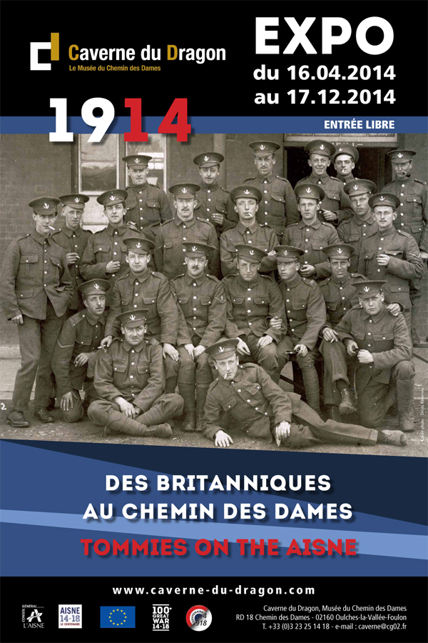 Affiche de l'exposition temporaire "1914-Des Britanniques au Chemin des Dames" exposée à la Caverne du Dragon (Aisne) en 2014.